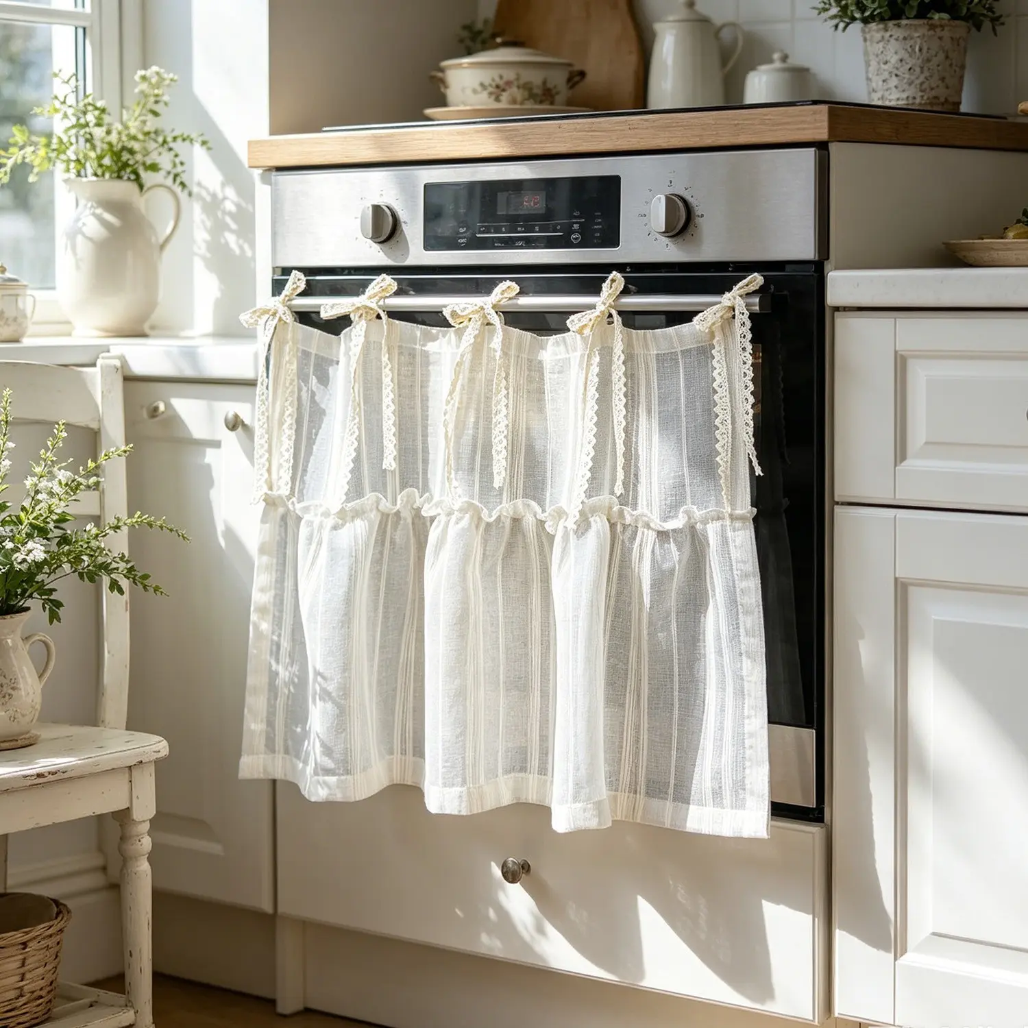 1pc Beige Sheer Tier Curtain, Tie Tab Cafe Short Curtain with Lace Trim & Ruffled Hem, Farmhouse Decor Drape, Room Decor Curtain for Pantry Microwave Small Window Kitchen Under Sink Cabinet