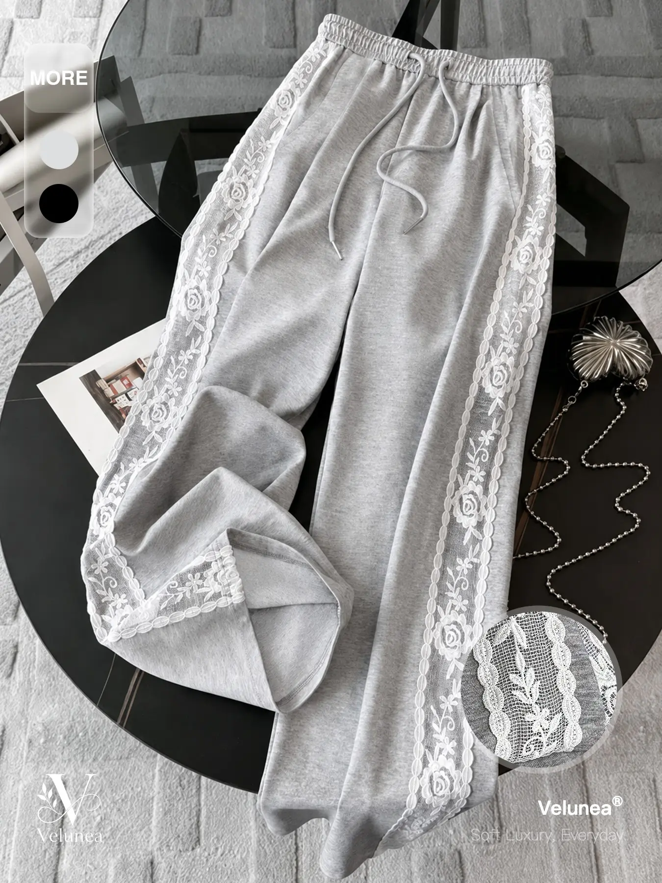 Velunea Women’s Lace Trim Sweatpants, Wide Leg Casual Pants with Floral Lace Side Detail and Drawstring Waist, Soft Feminine Lounge Pants for Everyday Wear