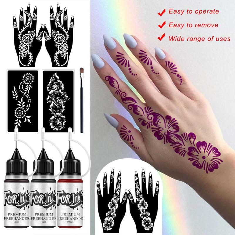 Temporary Tattoo Ink Set, 3 Bottles Hand-Drawn Tattoo Ink & 6 Hollow Template Stickers, Henna Stencil, Body Art, Party, Halloween, Graduation, Beach Vacation Temporary Tattoo Ink Set, 3 Bottles Hand-Drawn Tattoo Ink & 6 Hollow Template Stickers, Henna Stencil, Body Art, Party, Halloween, Graduation, Beach Vacation