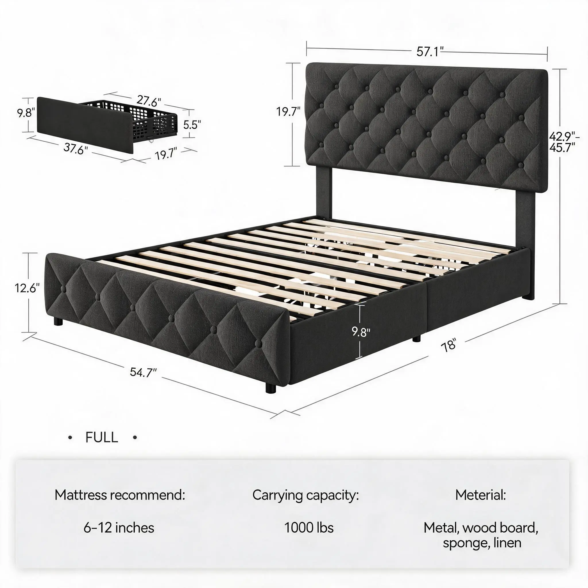 SJL Diamond-Shaped Pull-Out Plastic Drawer Upholstered Bed