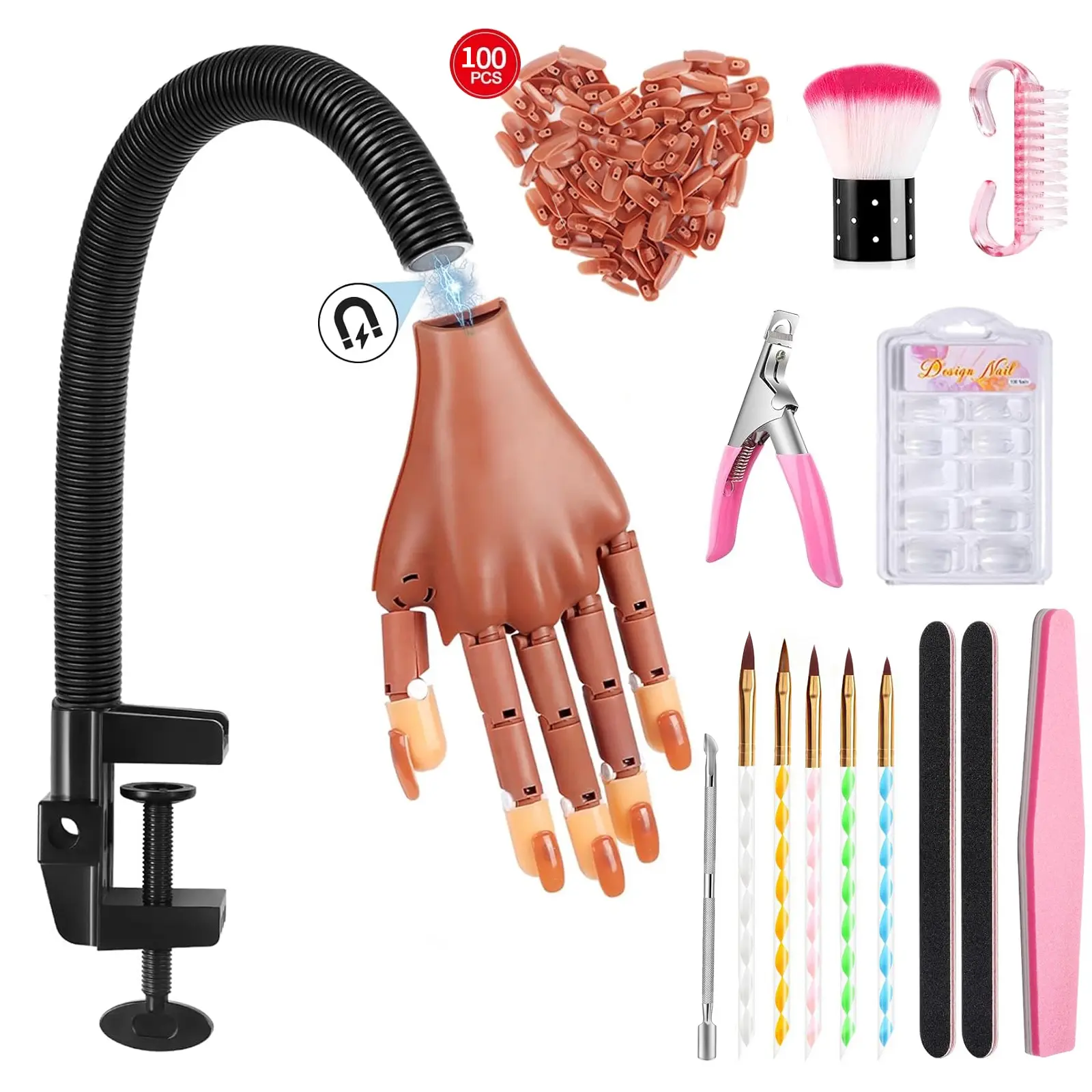 1set Nail Art Magnetic Practice Hand Model Realistic Mechanical Hand with Replaceable Nail Tips, Flexible Joints, Stand, Nail Clippers, and Brush Tool Set- Manicure Hand Practice Kit DIY Manicure for Beginners
