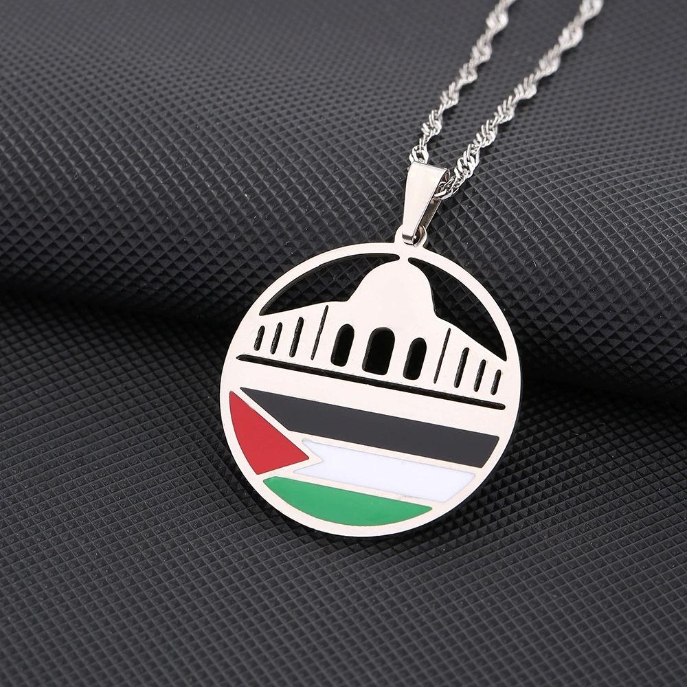 Vintage Enamel Palestine Flag Map Stainless Steel Pendant Necklace Brooch 2‑in‑1 Jewelry For Men Women
