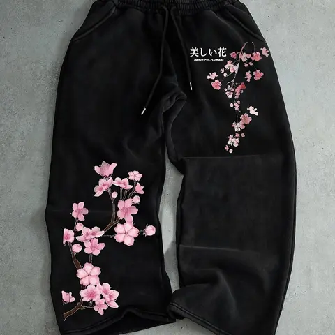 Vintage Black Cherry Blossom Print Oversized Sweatpants - Japanese Graphic Wide Leg Baggy Pants, Unisex Cozy Streetwear Loungewear, Casual Harajuku Y2K Aesthetic Daily Outfit Trousers