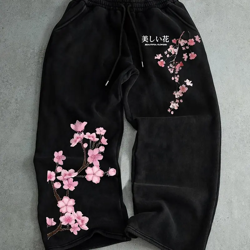 Vintage Black Cherry Blossom Print Oversized Sweatpants - Japanese Graphic Wide Leg Baggy Pants, Unisex Cozy Streetwear Loungewear, Casual Harajuku Y2K Aesthetic Daily Outfit Trousers
