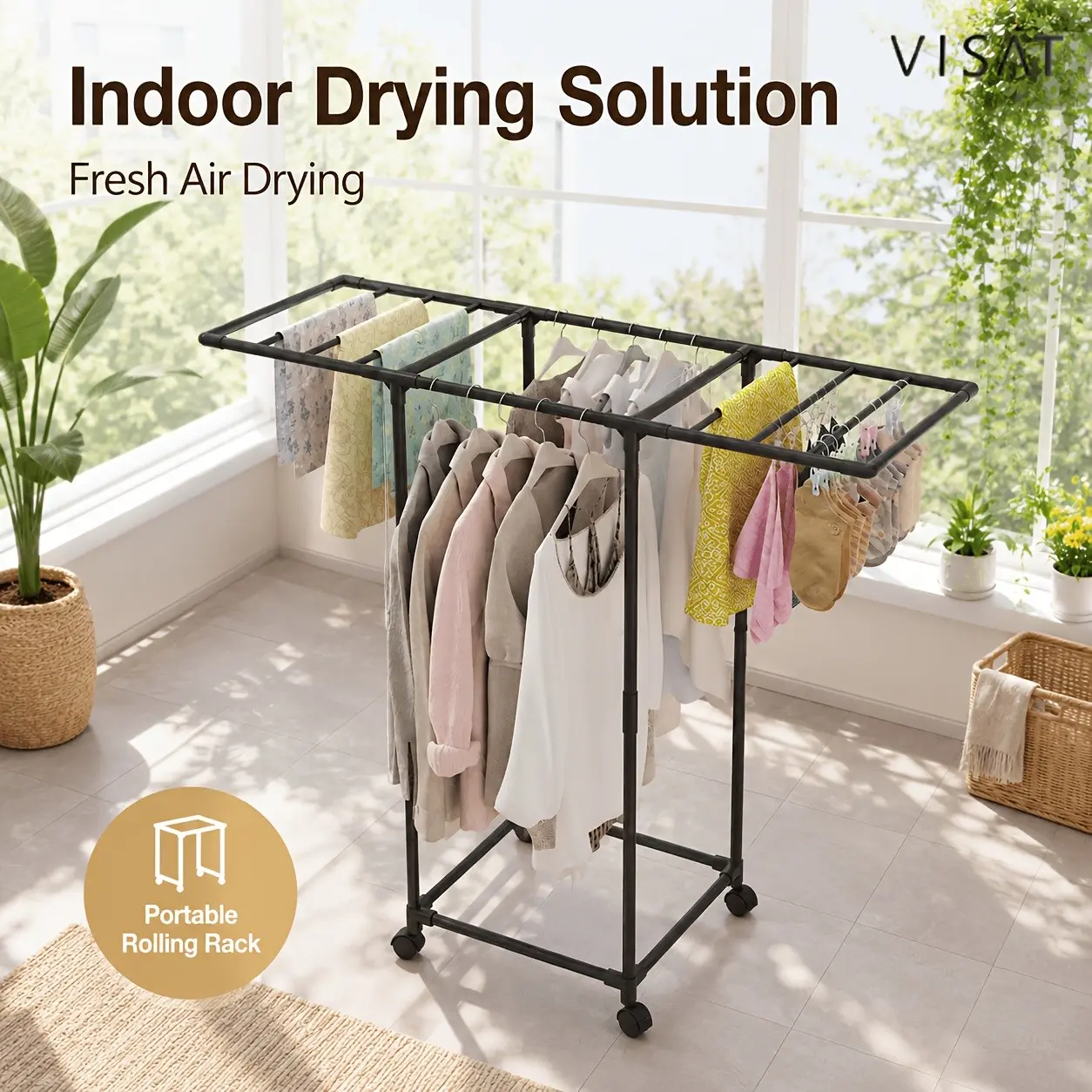 Multifunctional Rotating Clothes Rack for Bedroom, 1 Layer Or 2 Layer Mobile Drying Rack with 360° Swivel Rod, 4 Rolling Caster Wheels, Triple Hanging Bars And 8 Small Side Hooks for Shirts, Towels, Socks, Scarves, Bags And Daily Laundry