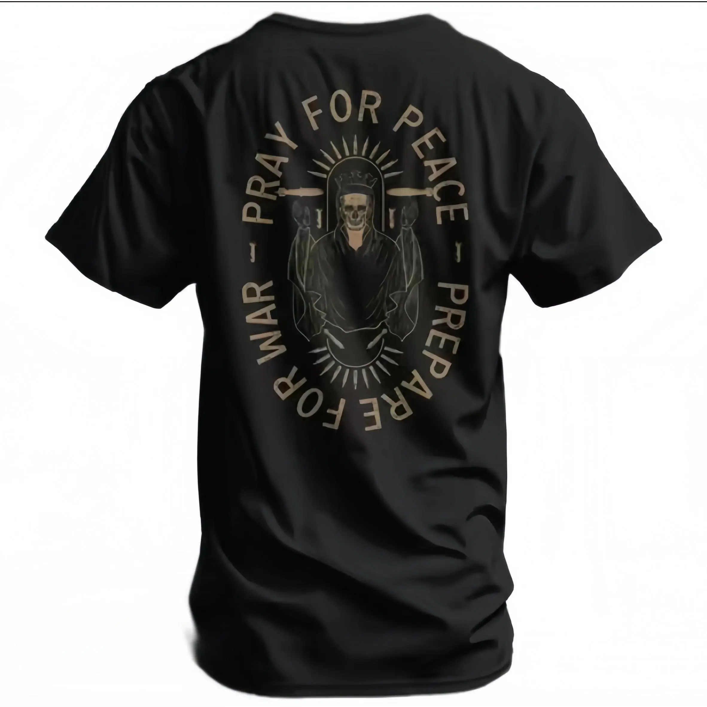 Men's Classic Soft Retro Distressed Skeleton Soldier Print Short-Sleeve T-Shirt - Menswear Streetwear Casual Back Graphic Top with "Pray For Peace Prepare For War" Slogan