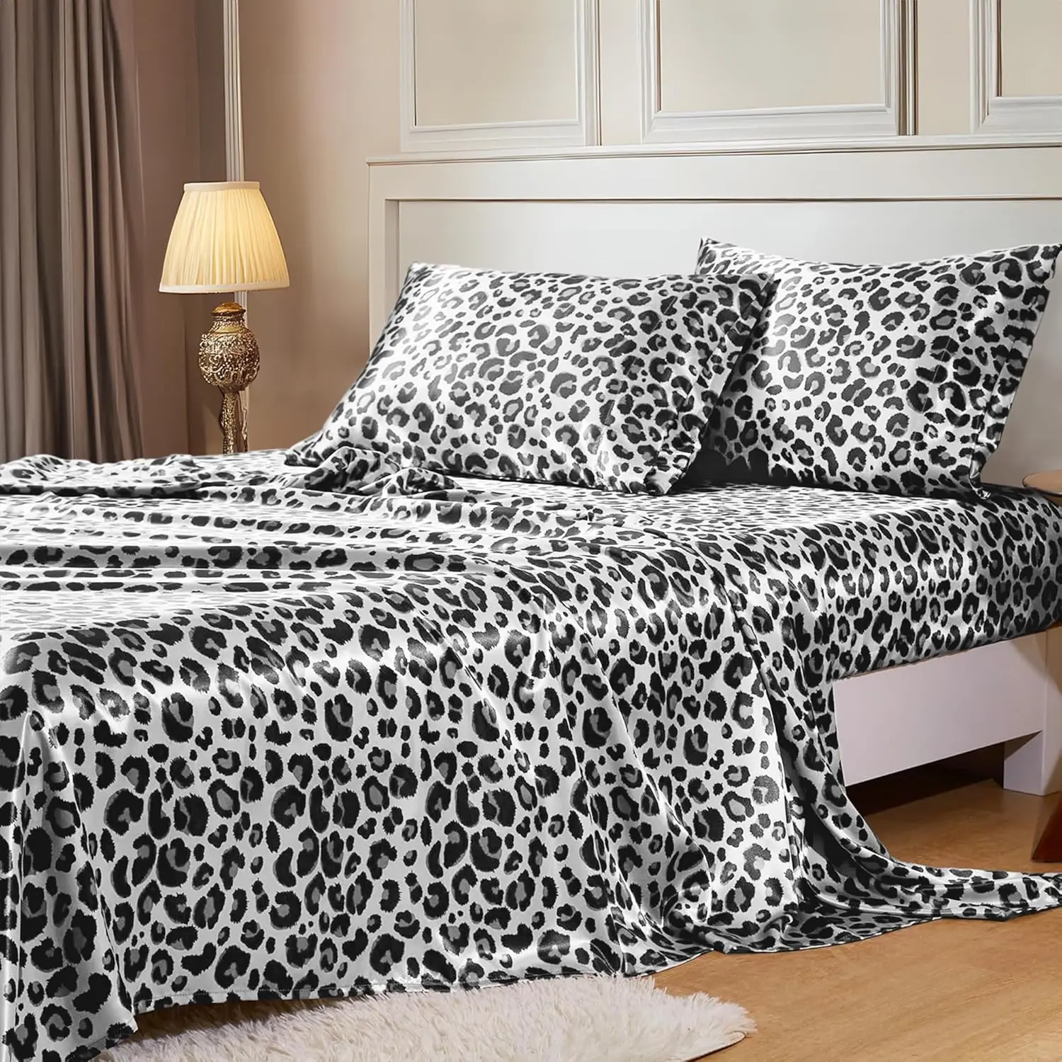 Sheets with Elastic Corner Straps, Full Size Sheets Set, 4 Pcs Bedding Set with 15 Inches Deep for Mattress (Full, White Leopard)