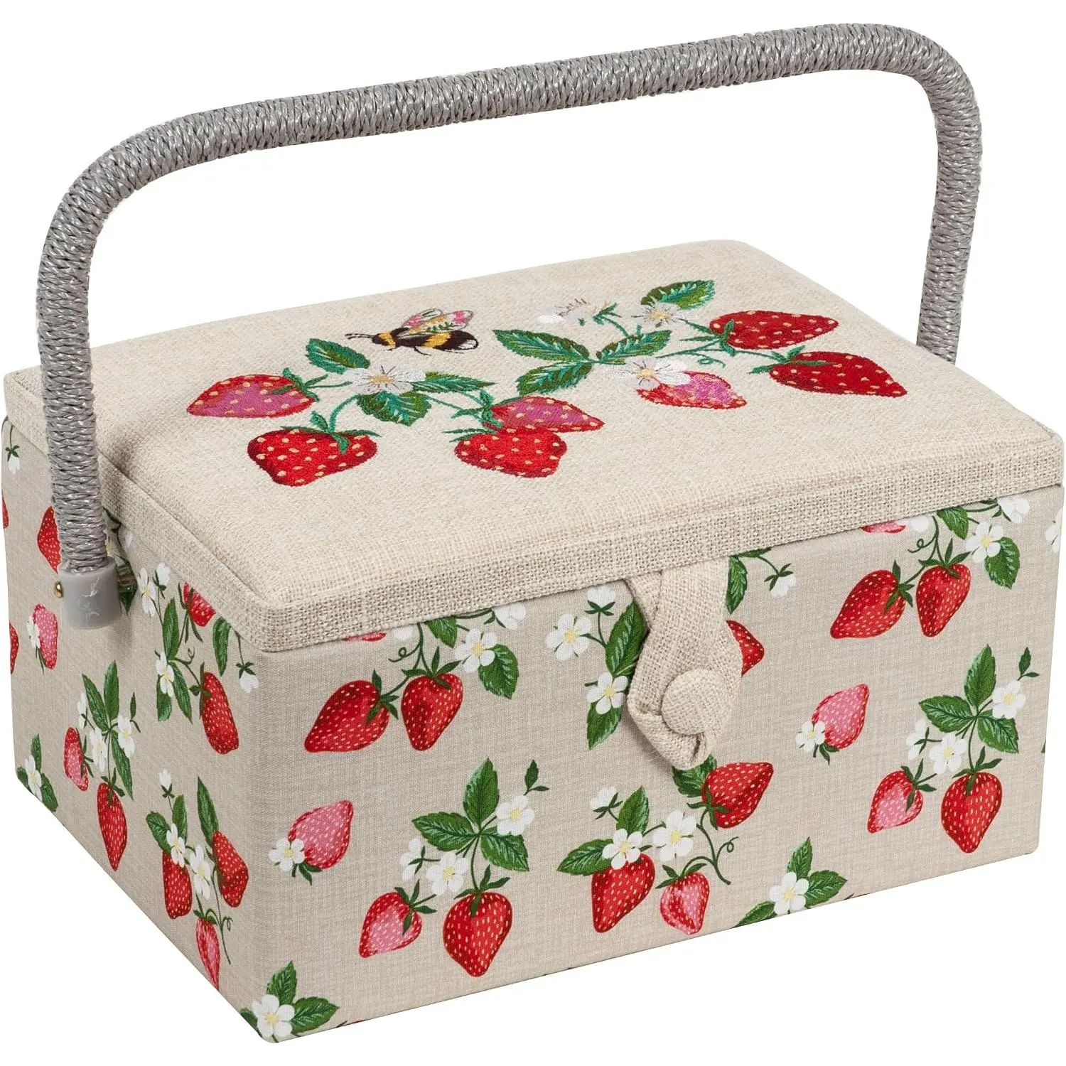 Medium Sewing Box Organiser, Fabric Covered Storage Box with Handle, Internal Tray, Pin Cushion and Pocket for Sewing, Quilting and Knitting Supplies