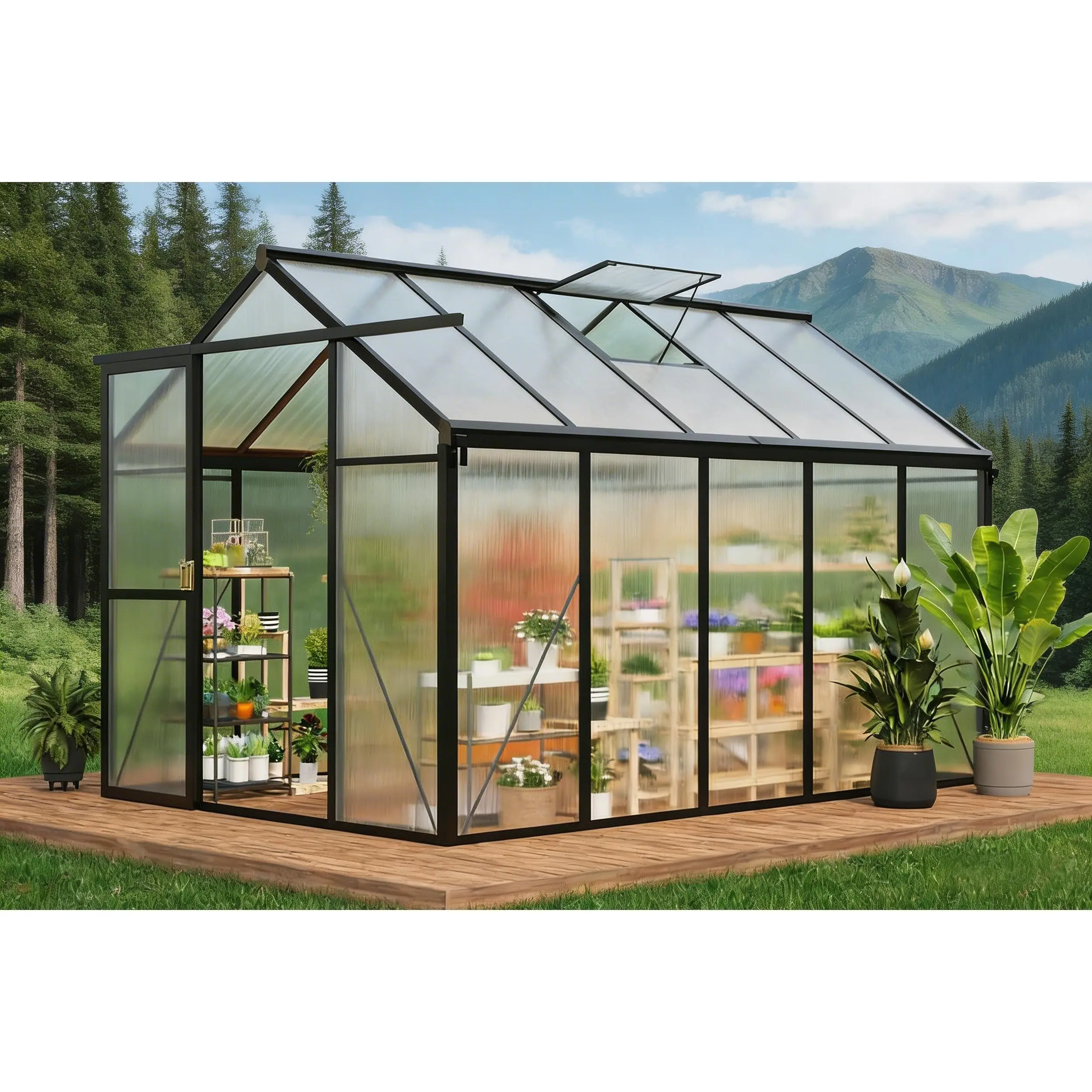 Garvee Walk-In Outdoor Greenhouse, 6x10 FT or 8x12 FT - Aluminum Frame & Polycarbonate Panels - Roof Vent - Sliding Lockable Door - For Garden Backyard Patio - Black