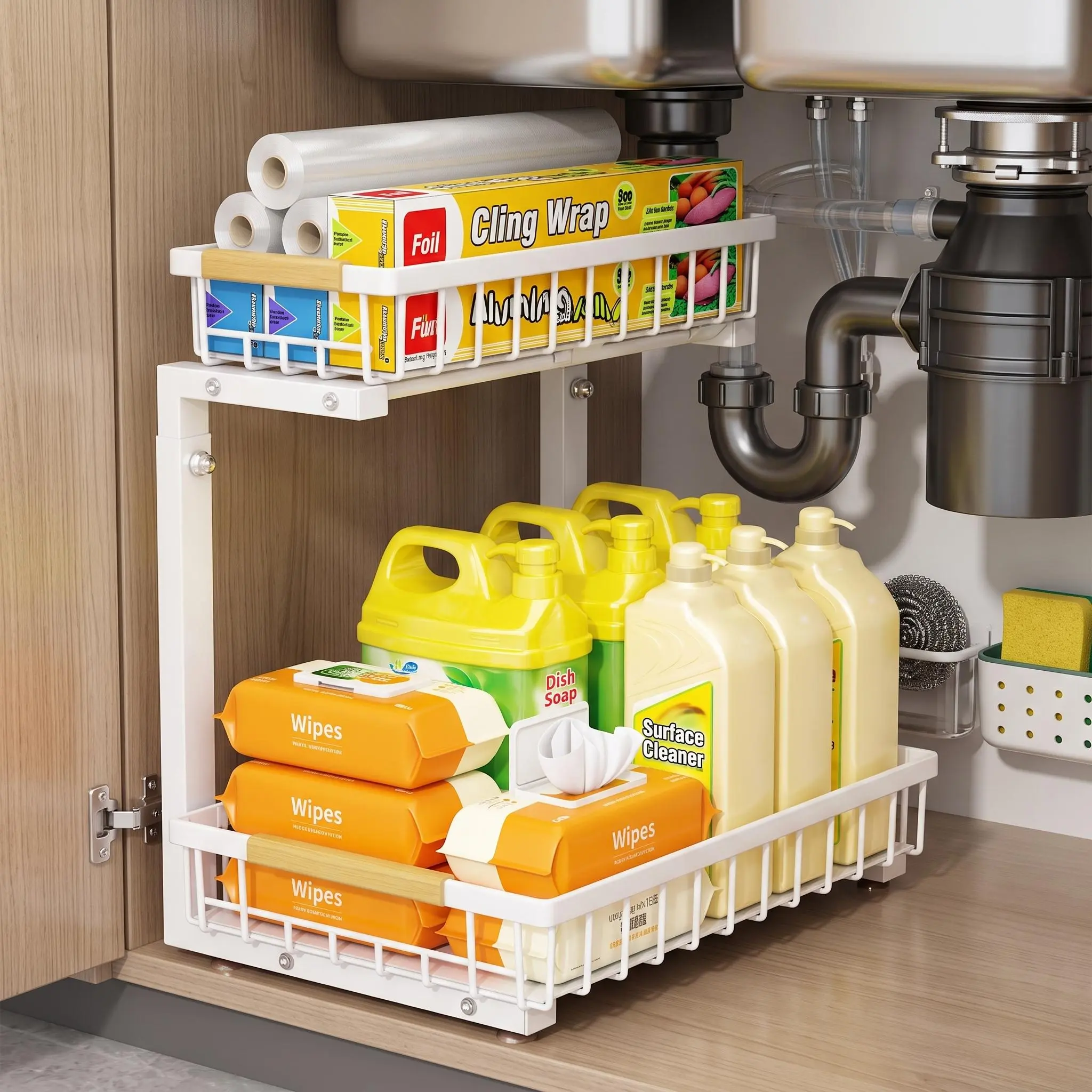 Adjustable 2-Tier Under Sink Organizer, Pull Out Sliding Carbon Steel Metal Storage Shelf, Space Saving Cabinet Rack with Easy Access Design for Kitchen & Bathroom Cabinets