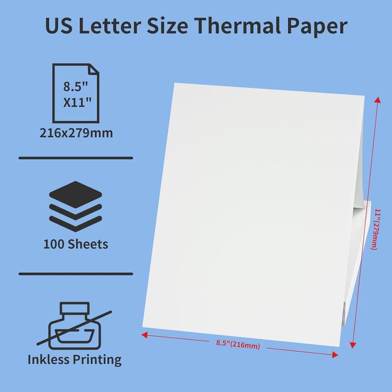 Thermal Printer Paper 8.5 x 11 Inch, 100 Sheets  Letter Size Thermal Paper, Folded, Continuous, Perforated, Compatible with A4 Portable Thermal Printer