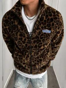 Vintage Fluffy Faux Fur Leopard Jacket Casual Men Cozy High Neck Plush Zip Hoodie Alternative Street Fashion Warm Winter Coat for Night Out Clubbing
