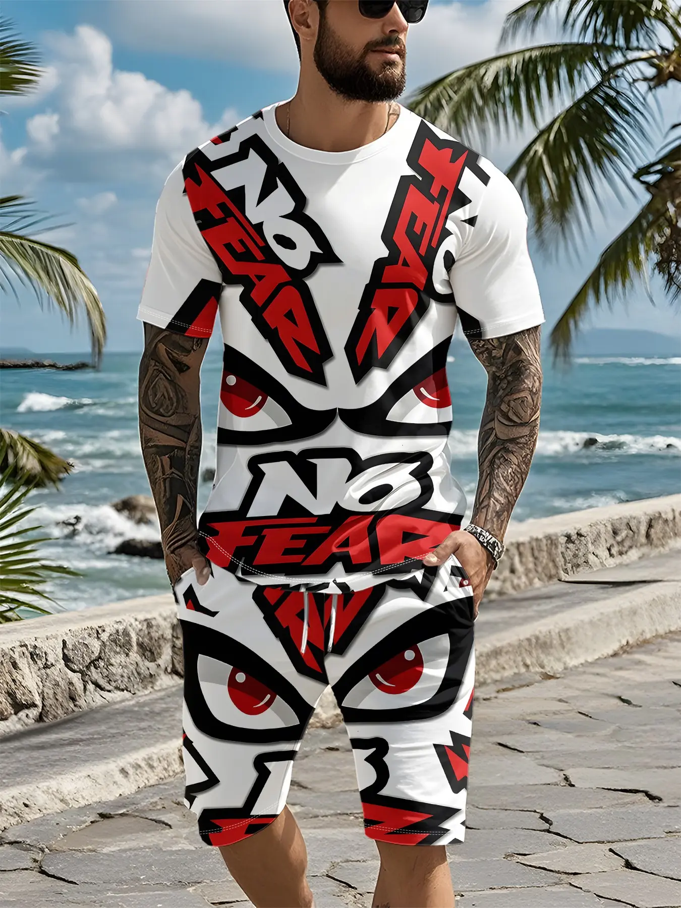 2-piece set with 3D digital print featuring sharp red and black eye-grabbing graffiti on a white background, 2Pcs, trendy fashion suit, retro casual two-piece outfit, trendy vacation wear, breathable sports casual style, an ideal holiday gift for men