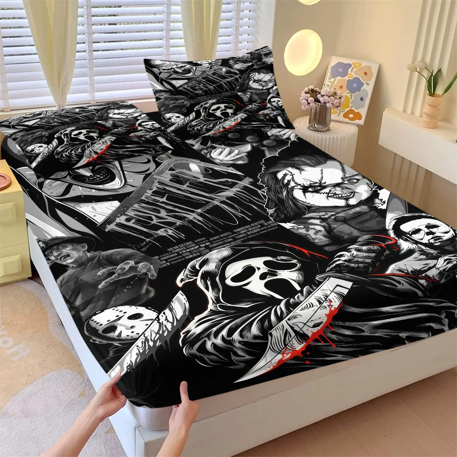 Dark Hip Hop Suicideboys Fitted Sheet Set (1 Fitted Sheet + 2 Pillowcases), Soft Breathable Fabric, Deep Pocket, All‑Around Elastic Non‑Slip Bedding, Vintage Skeleton Tattoo‑Print Bed Sheet Design, Cool Halloween Gift for Music Lovers