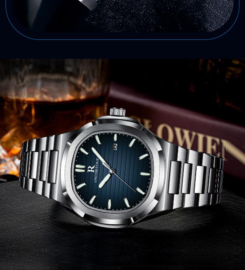 Men's Luxury Square Blue Dial Quartz Watch - Stainless Steel Wristwatch with Date, Luminous Hands, Waterproof, Classic Business Casual Dress Watch, Perfect Gift for Husband Dad