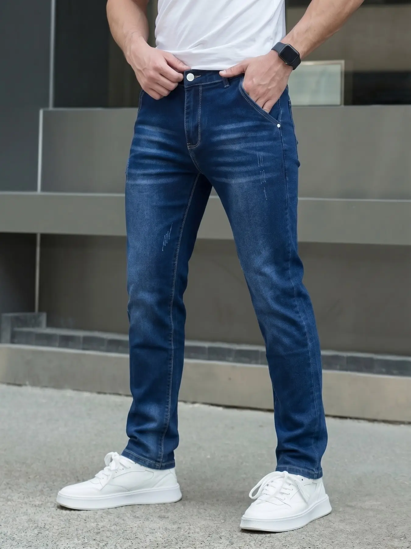 Men's Elastic Jeans Slim Fit, Blue Cotton Denim Jeans, Pocket, Street Style, All Seasons, Classic Design, Comfortable and Stylish, Plain Pocket Jeans