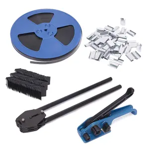 Packaging Strapping Banding Kit - Tensioner & Sealer Machine Set, Heavy Duty PET Belt, Open Serrated Seals, Corner Protector