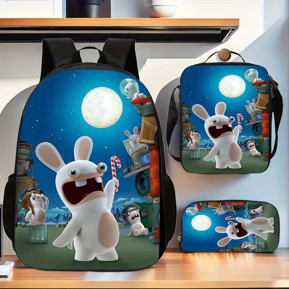 Rabbids Invasion 3pcs Trendy Backpack Set, Includes Large Capacity Book Bag & Handbag & Pen Case, Perfect School Bag Set for Travel Use bookbag