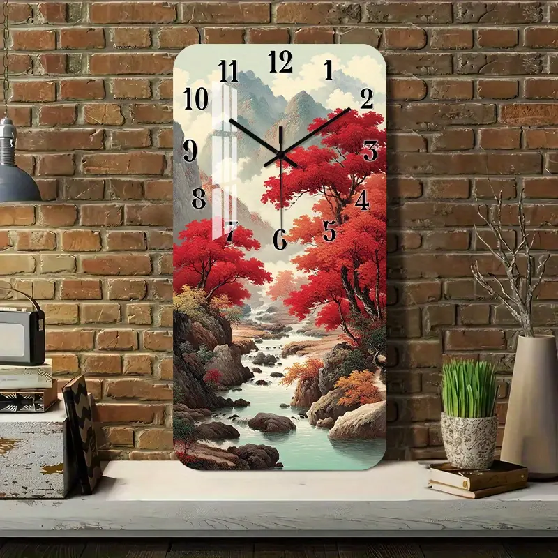 1 silent wall clock with no ticking sound, acrylic decorative square clock featuring traditional Chinese autumn scenery design, suitable for hallway, kitchen, home office, studio, guest room (battery not included)