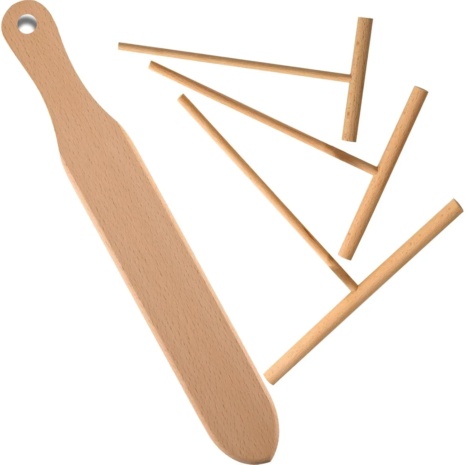 Crepe Spreader and Spatula Set, Wooden Crepe Tools Kit for Any Pan Maker | Includes 1 count 13.4" Pancake Turner with 3 count (3.5", 5", 7") T-Shaped Roti & Mix Batter Spreader Sticks