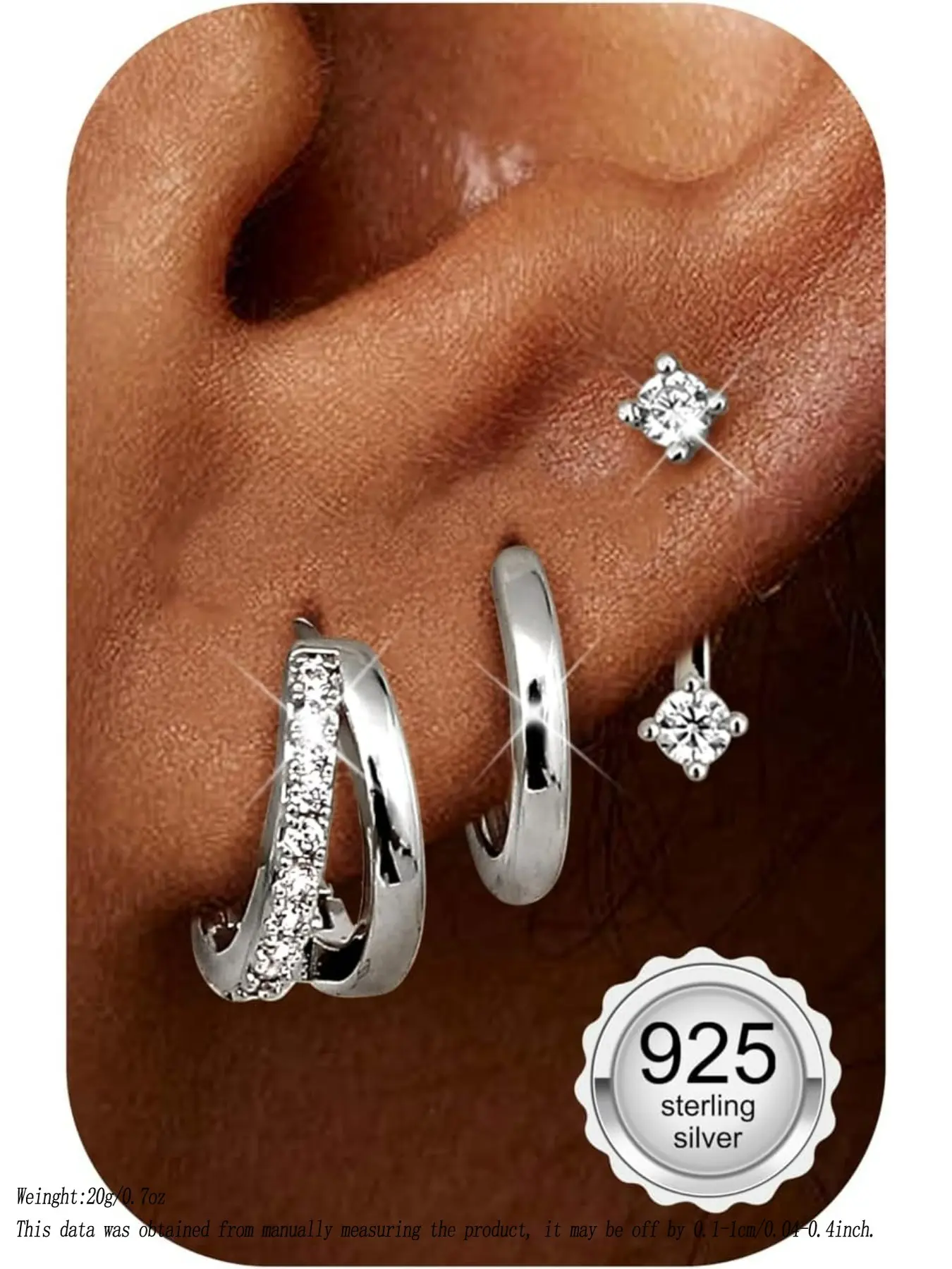 3 Pairs of Earrings Silver 925 for Women Hoop Earrings Silver Gold Stud Earrings Silver 925 Hypoallergenic Earrings Small Hoop Earrings Huggie Piercing Ear Gold Silver Earrings Jewellery Gold