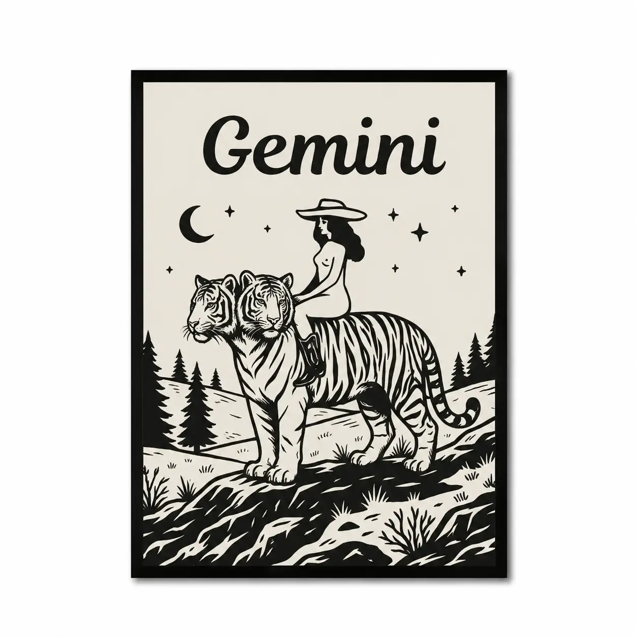 Western Gemini Framed Canvas Poster, Woman Riding Twin Tiger Celestial Wall Art, Astrology Birthday Gift for Gemini Women