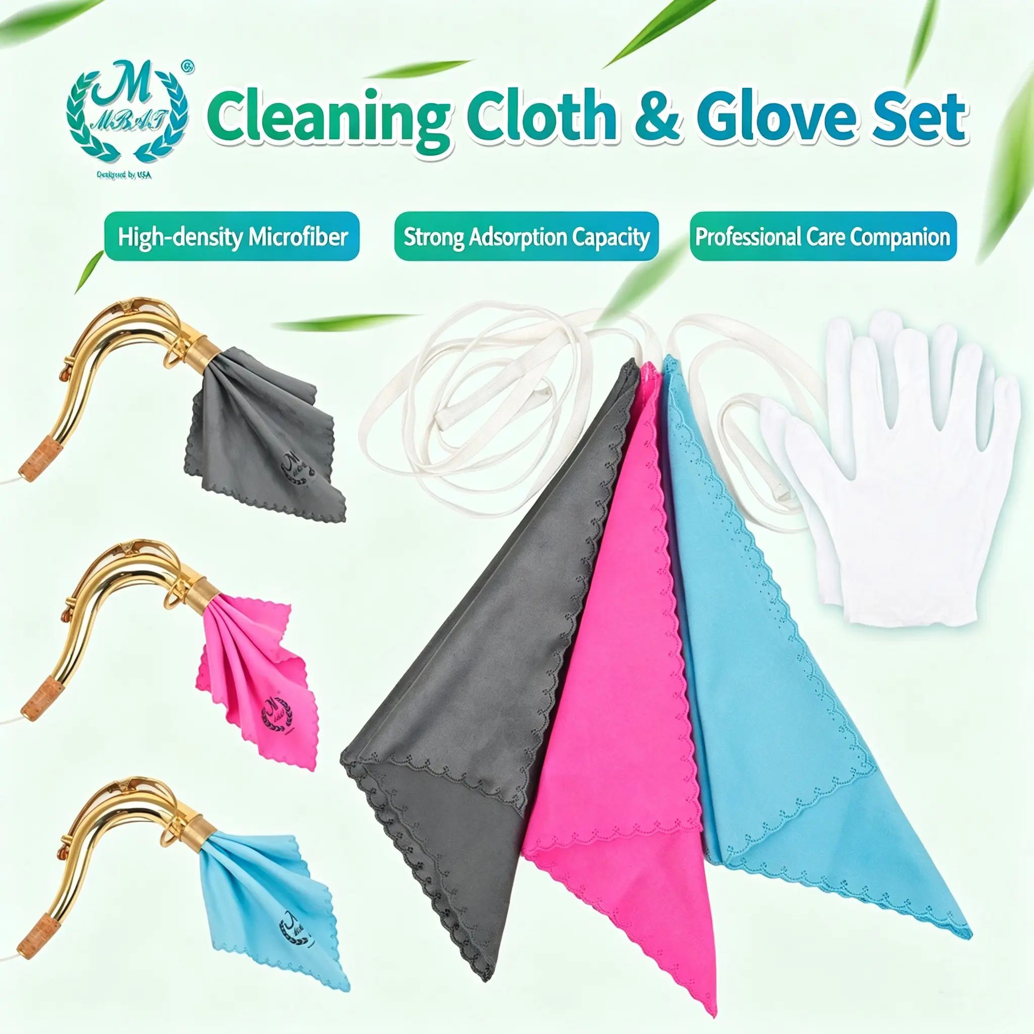 Professional Instrument Cleaning Kit, Includes 3 Wipes & Cotton Gloves, Reusable, Removes Moisture Stains From Saxophone, Trumpet