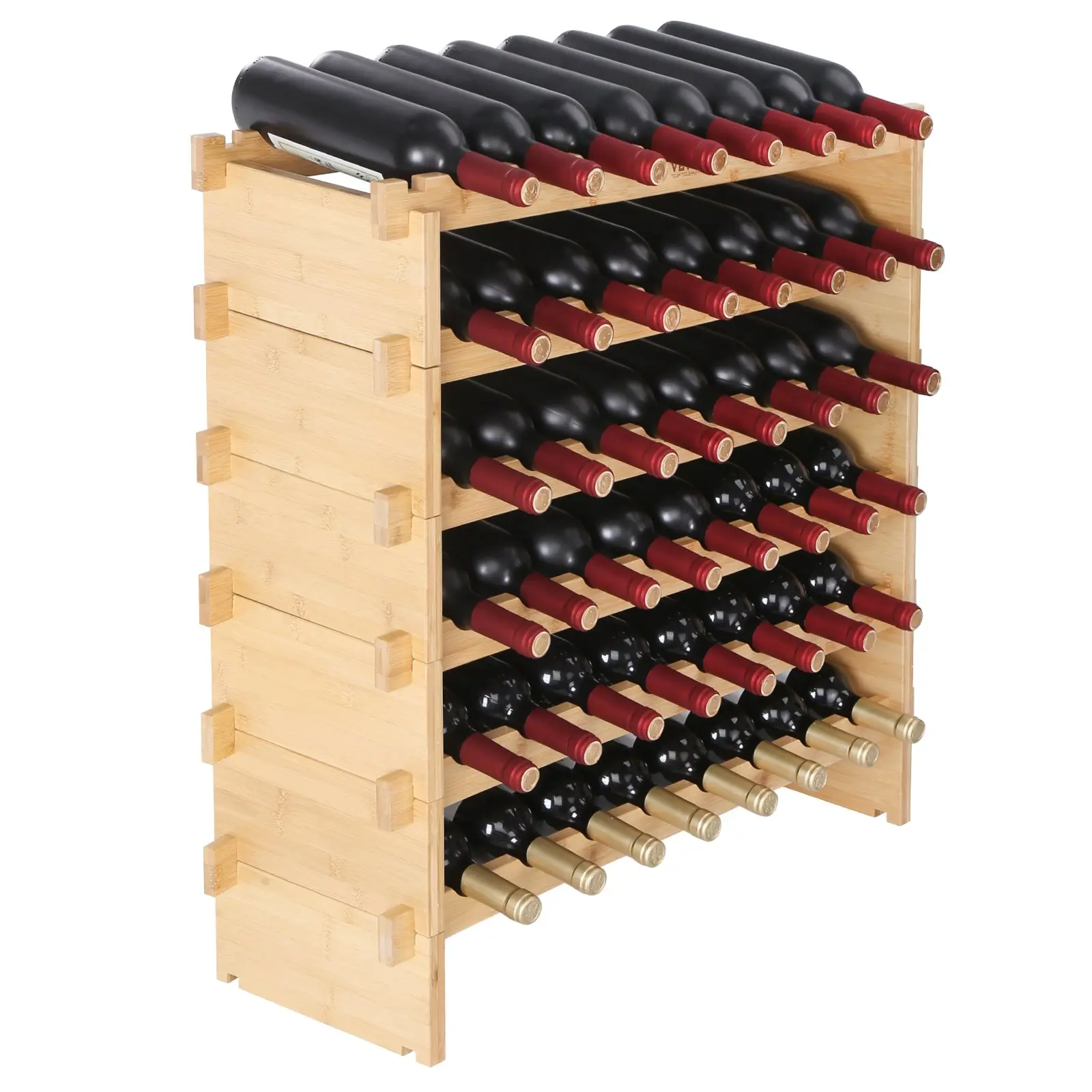 VEVOR 48-Bottle Modular Stack Bamboo Wine Rack, 6-Tier Solid Bamboo Wood Floor Freestanding Holder, Wobble-Free Display Shelf for Kitchen, Bar (Natural Color)