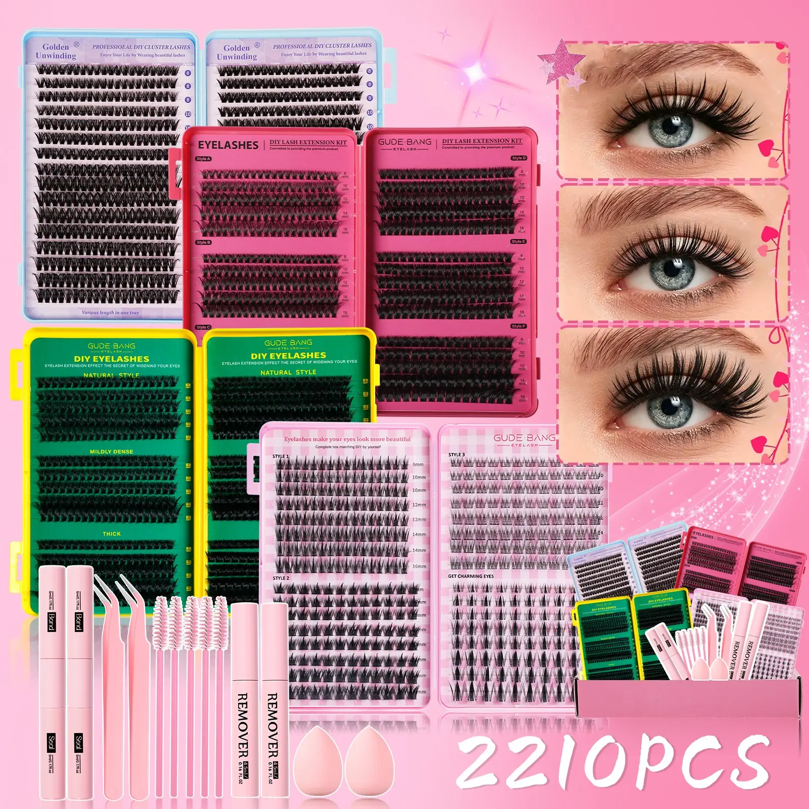 Cluster False Lash Extension Kit, Natural Cat Eye Styles, Dense & Lightweight, Includes Adhesive, Remover, Tweezers, Perfect for Home Use