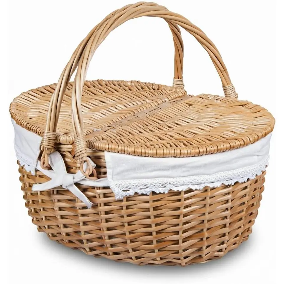 Country Style Wicker Picnic Basket, 15 in Traditional Hamper with Dual-Entry Lid, Collapsible Handles, and Removable Washable Liner