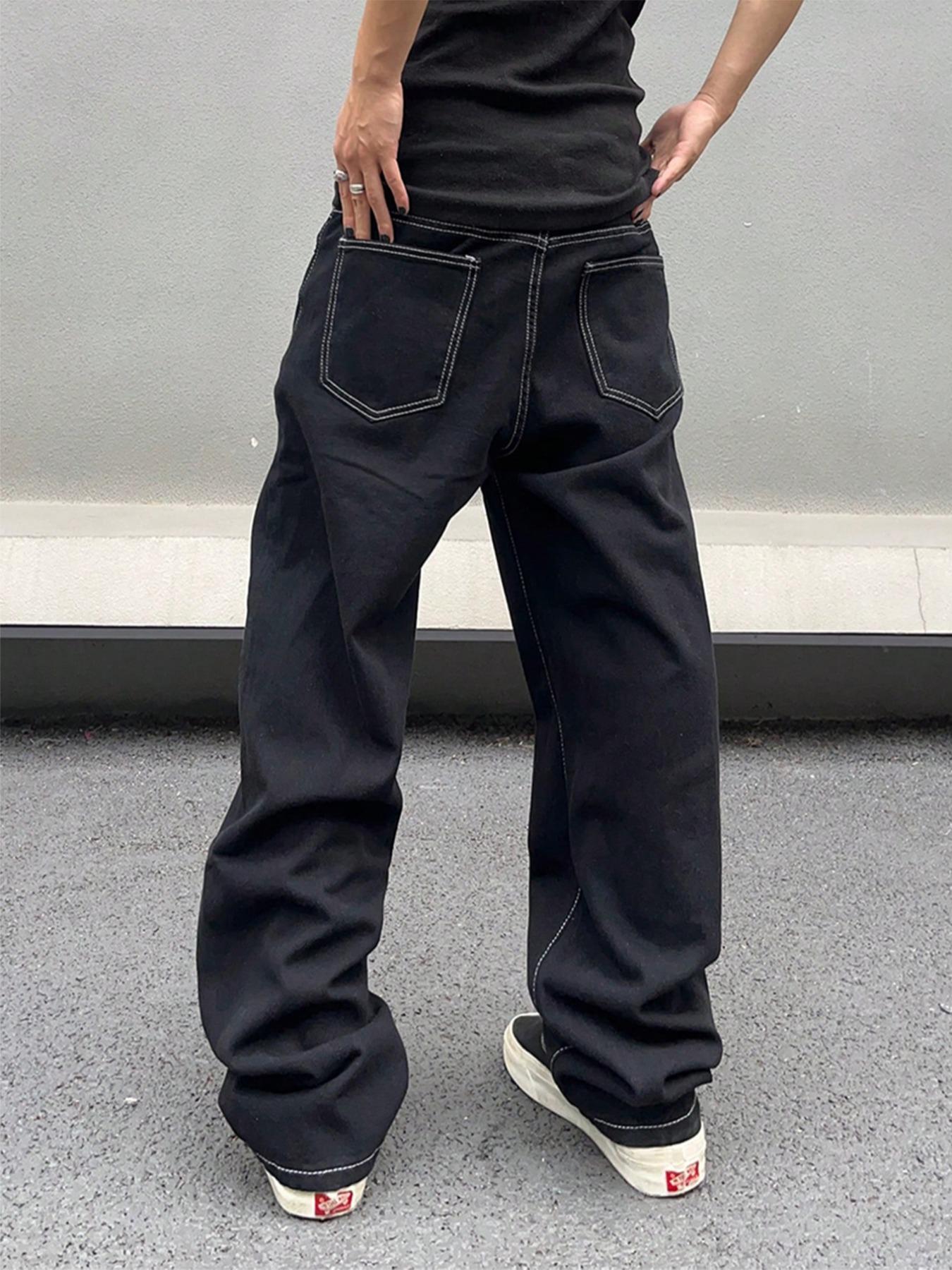 Men's Solid Color Wide Leg Multi Pocket Jeans, Loose Casual Comfy for Daily Wear, Woven Bottoms for All Seasons