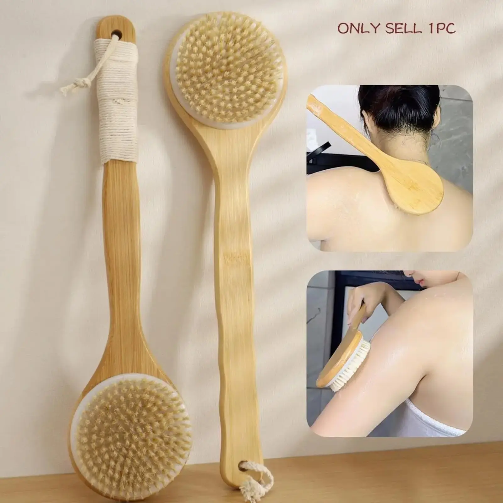 Bamboo Wood Bath Brush, Soft Bristle Body Scrubber, Long Handle Back Massage Tool, Full Body Cleaning Shower Brush, 1 Piece, Soft Bristles Exfoliating, Body Care Tool, Body Brush for Showering