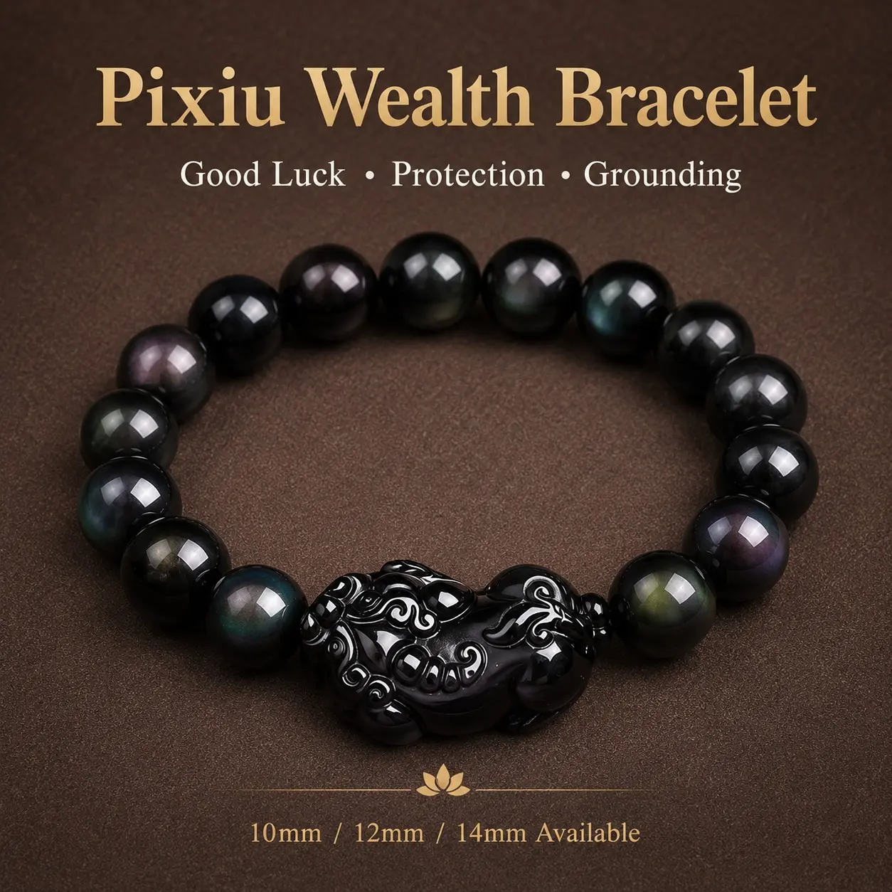 Bold Rainbow-Eye Obsidian Pixiu Charm Bracelet - 10mm/12mm/14mm Multi-Size Beaded Look Bracelet for Men, Women, Everyday Wear & Wealth Protection