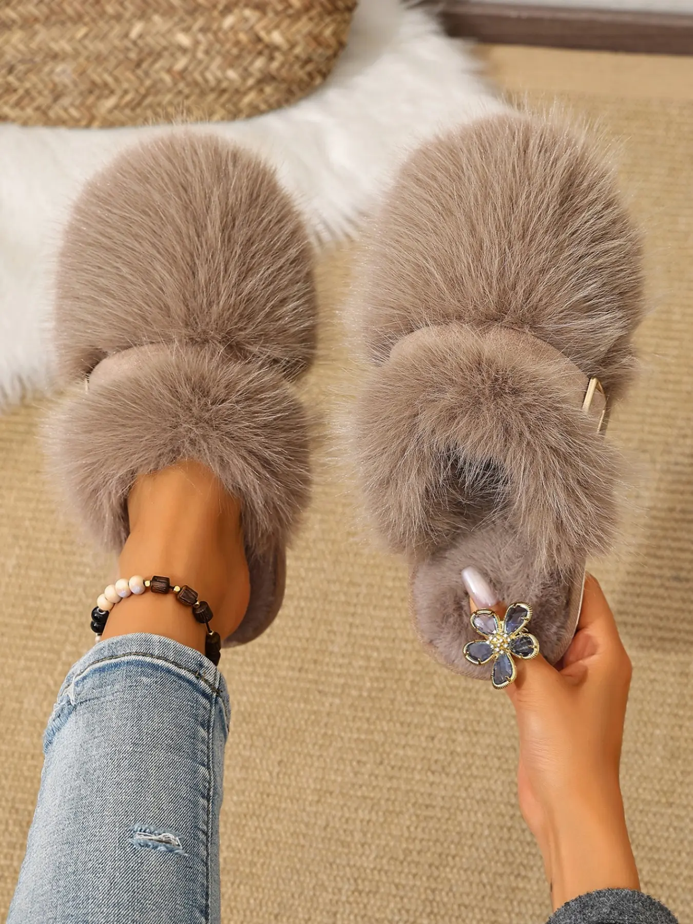 Double band fluffy faux fur slide sandals, crystal rhinestone flower embellished slippers, black fuzzy open toe slip-on mules, luxury plush fur indoor outdoor slides, bling floral decor comfy casual slippers, winter warm fur strap house footwear.