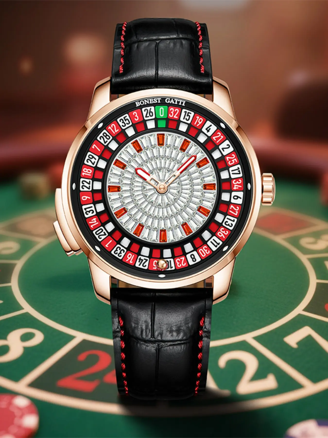 BONEST GATTI Stylish Mens Mechanical Watch European Roulette Fun Game Design Distinctive Game Theme Dial Stainless Steel Case Leather Strap Luminous 30 Meters Daily Waterproof Versatile Wristwatch Suitable For Daily And Social Occasions