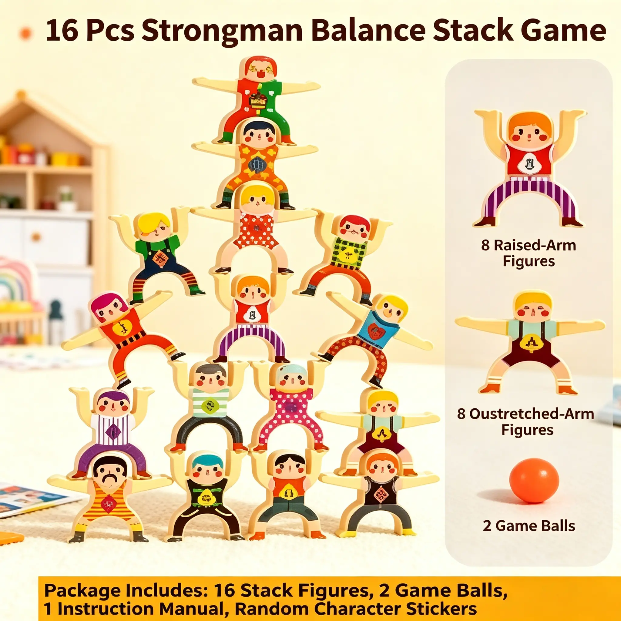 16pcs Strongman Stacking Balance Blocks Educational Desktop Game for Kids,  Balance Bricks Pro Building Blocks Stacking Puzzle, Plastic Toy Stickers Desktop Game