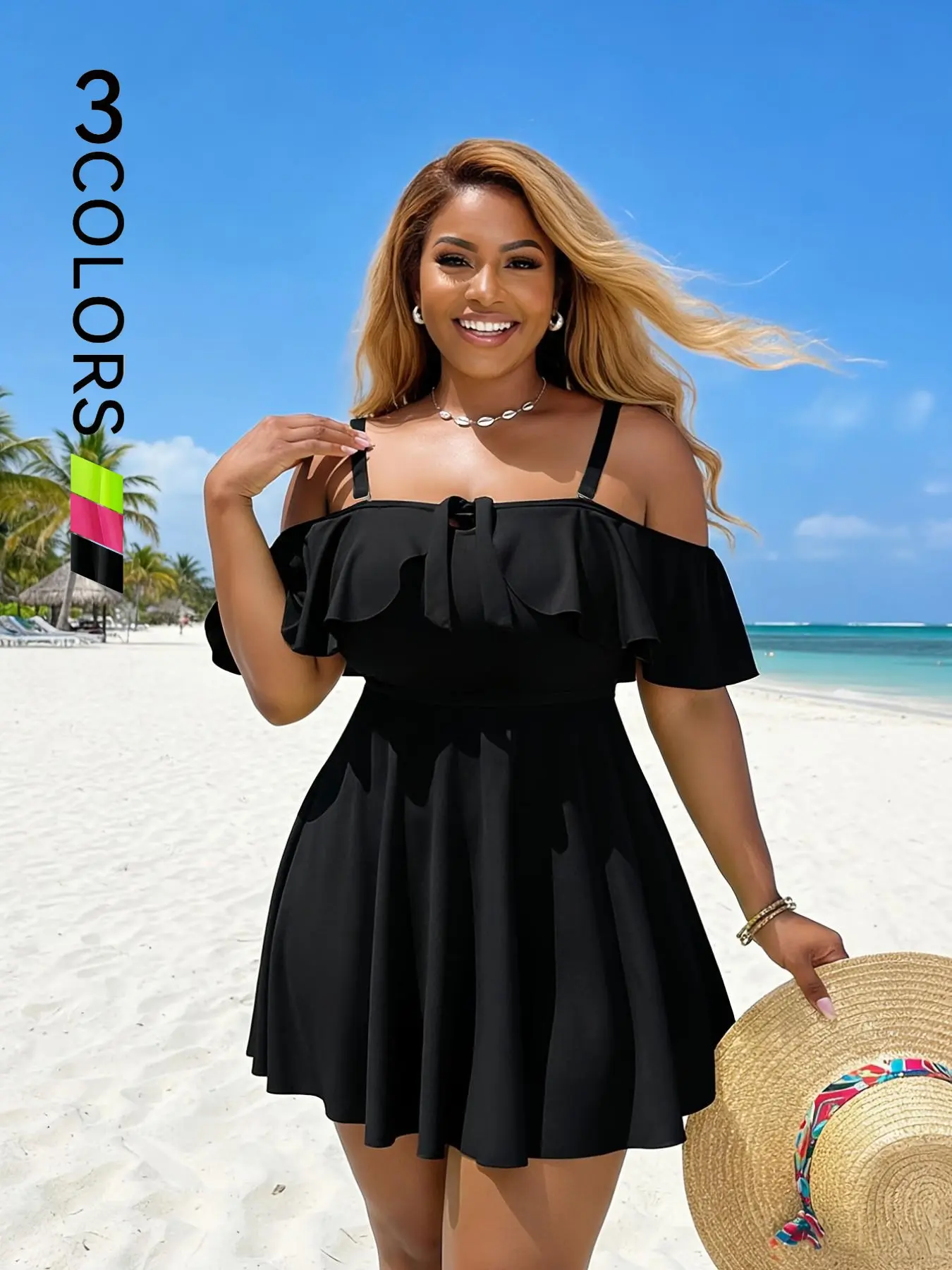 New Plus Size Women's Fluorescent Color Fashion One-Shoulder Ruffle Trim Beach Party Swimsuit Two-Piece Set, Perfect for Vacation Parties and Yacht Events