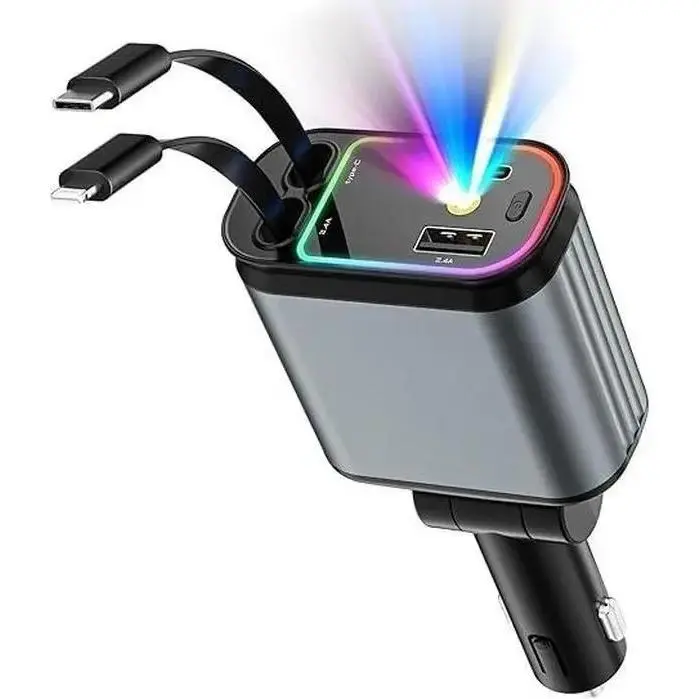 4-in-1 Retractable Car Roof Starlight Fast Charger Adapter with Lightning Cable, Dual Charge Port, Compatible with iPhone, iPad, AirPods, Samsung Galaxy, Google Smartphones (Starry Sky Model)