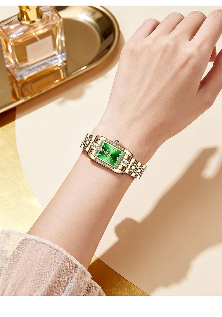 Women's Luxury Gold Rectangle Quartz Watch - Green Dial with Crystal Diamond Accents, Roman Numerals, Stainless Steel Band, Elegant Dress Wristwatch, Perfect Gift for Her