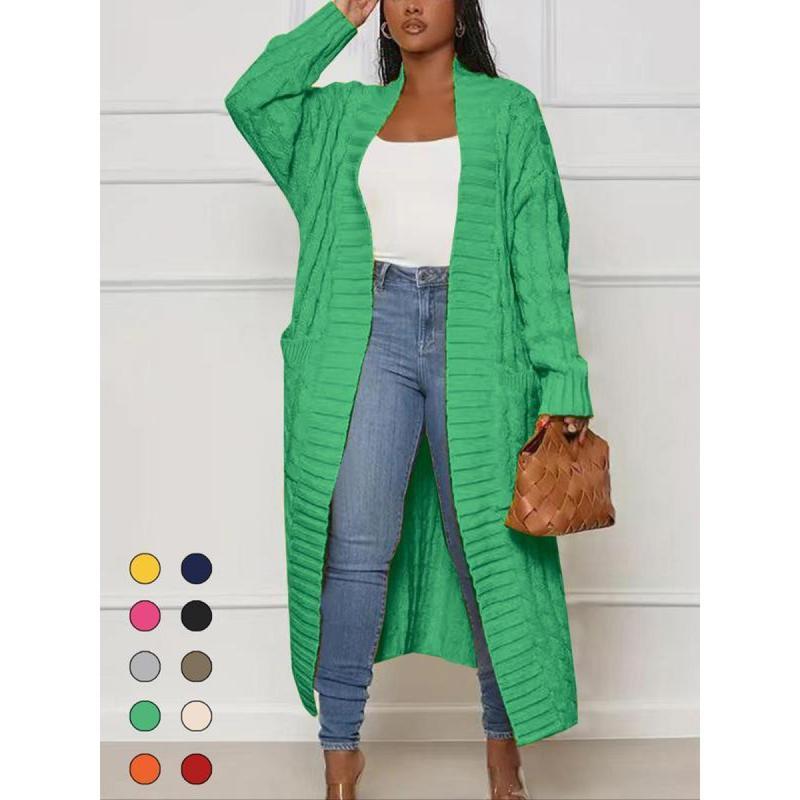 Women's Solid Color Textured Drop Shoulder Pocket Longline Cardigan, Casual Open Front Long Sleeve Knitwear for Fall & Winter, Women's Knit Clothing for Daily Wear, Lady Baggy Cardigans for Women, Womenswear, Casual Knit Top Can be used with a raincoat