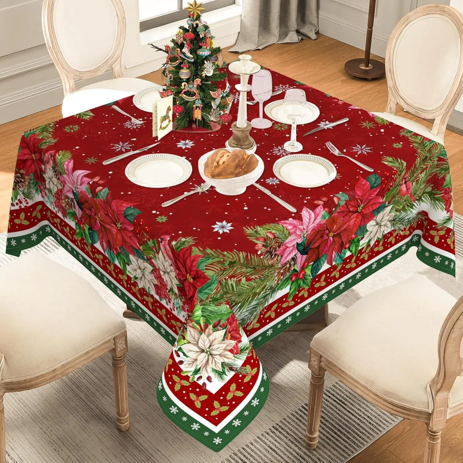 2D Flat Party Tablecloth 1pc, Square Christmas Polyester Tablecloth, Holly Poinsettia Floral Holiday Tablecloth, No Power Required