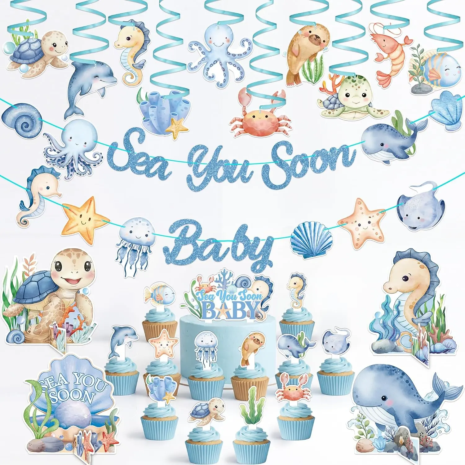 GRULLIN Blue Ocean Baby Shower Decorations Kit - Nautical Party Supplies with Banner, Hanging Swirls, Tabletop Centerpieces, Backdrop, Artwork, Photo Props, Sea Creatures Accents, Festive Gift Set