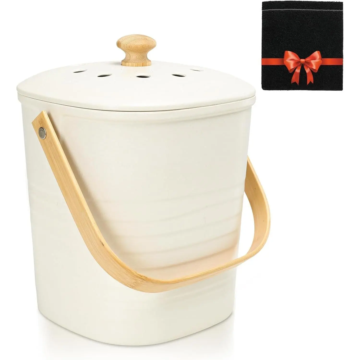 Bamboo Fiber Small Countertop Compost Bin with Lid Includes Charcoal Filter, Beige
