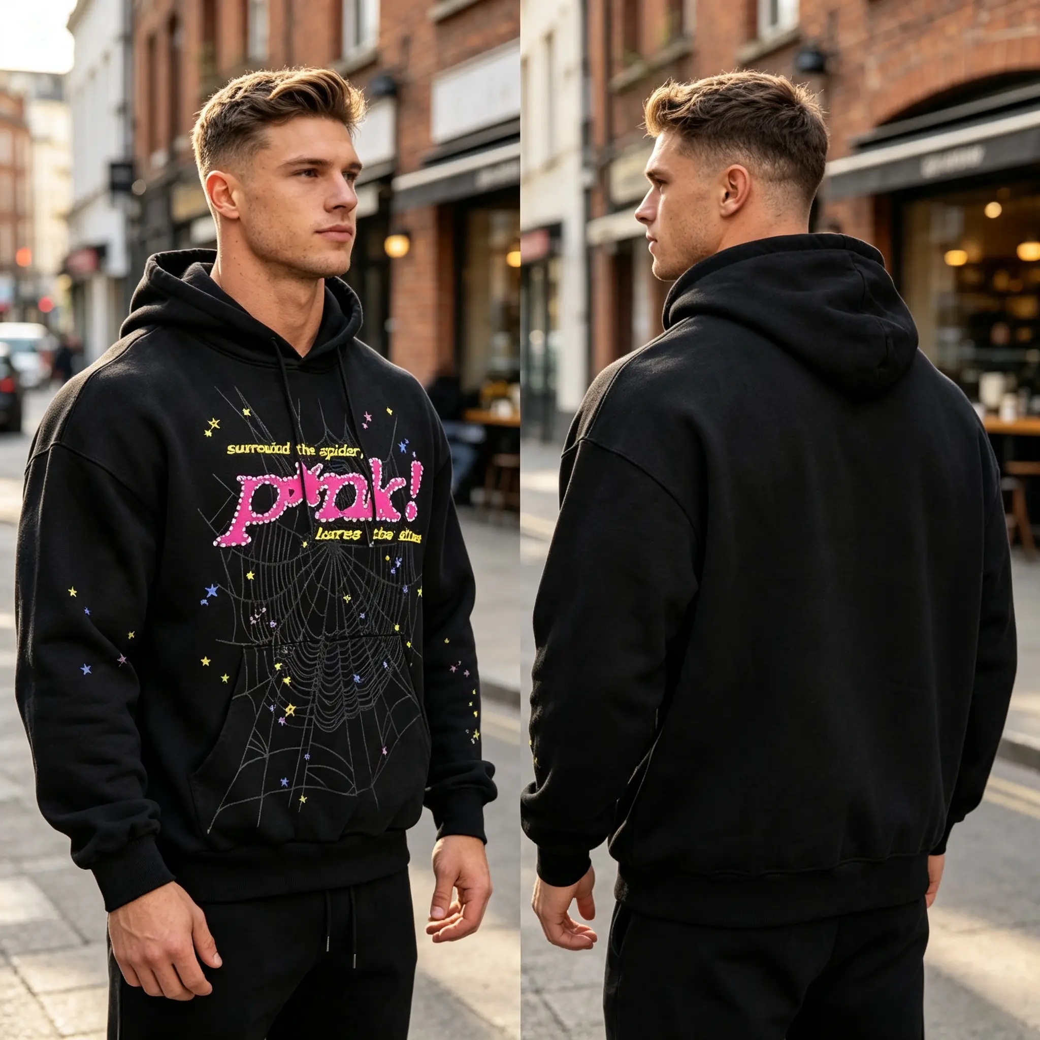 Spiderweb Graphic Hoodie Pink Letter Slogan Print Starry Night Aesthetic Casual Long Sleeve Hooded Sweatshirt Streetwear Top Alternative Hip Hop Oversized Cotton Fashion Apparel Unisex Pullover Black S 3XL