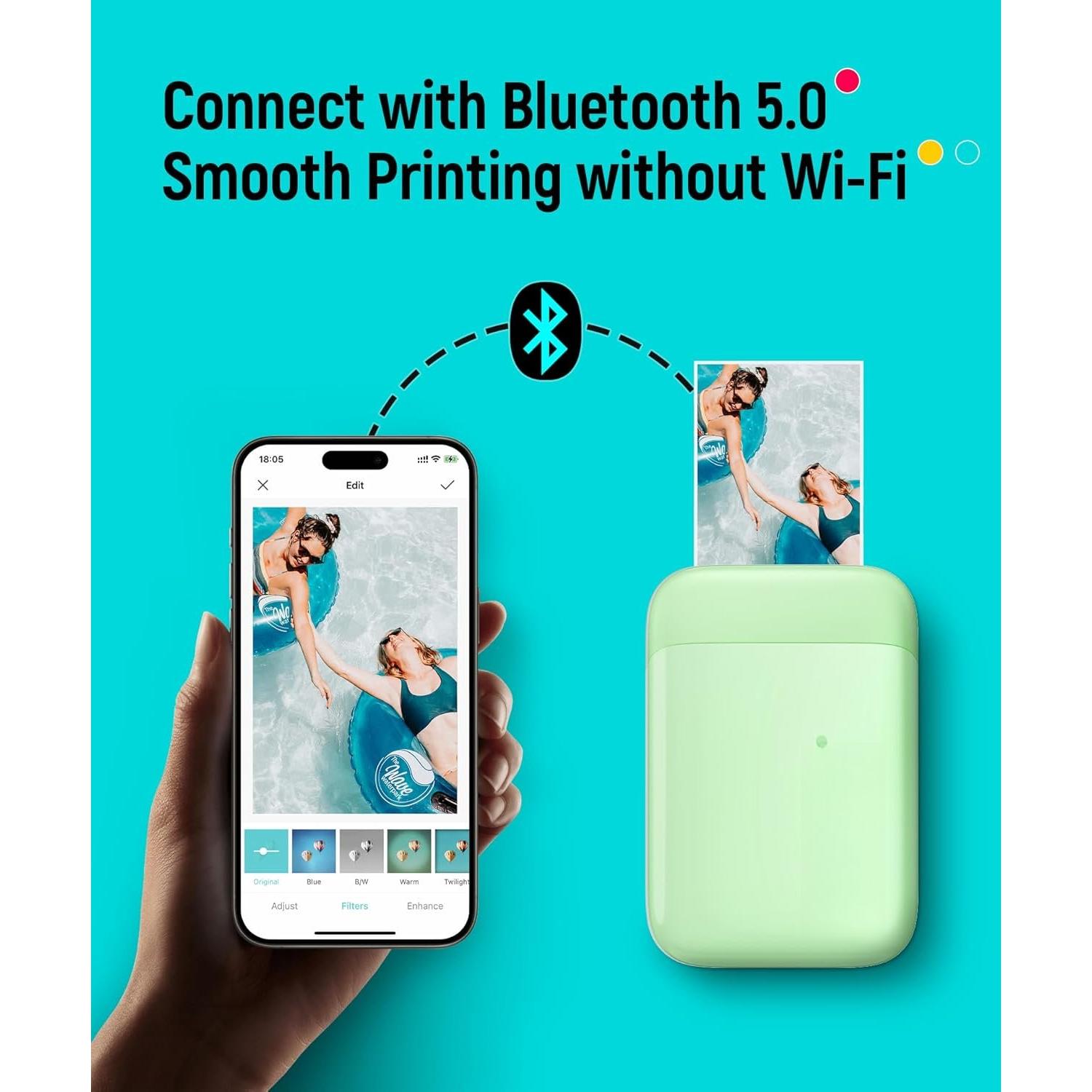 Photo Printer, 2x3" Mini Portable Instant Photo Printer Bundle w/ 50 Zink Adhesive Paper,  5.0, Compatible w/iOS & Android, Small Color Mono Picture Printer for , Smartphone Green