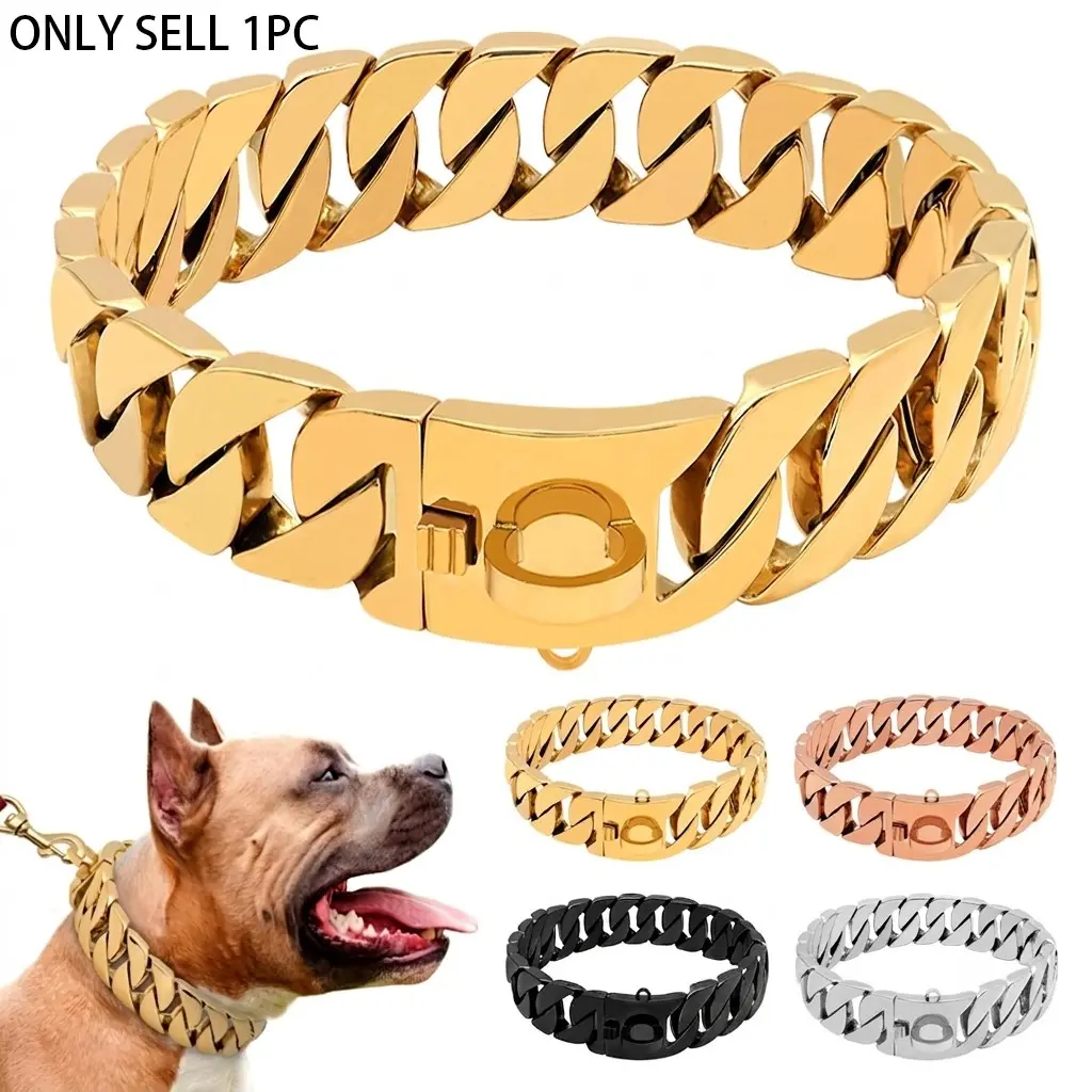 Large Dog Collar Necklace, Stainless Steel, 32mm Wide Cuban Chain, Safety Buckle, Durable and Bite-Resistant, Titan Steel