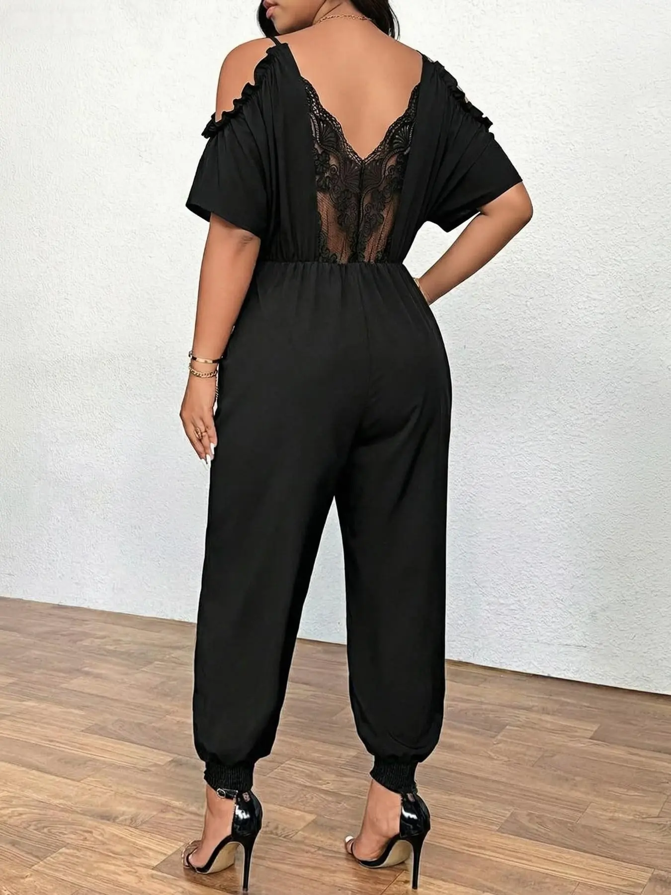 Plus Size Summer Jumpsuit, One-Shoulder Design, Batwing Sleeve, Solid Color, Elegant, High Waist, Belted, Comfortable Fit, Ideal for Daily Wear
