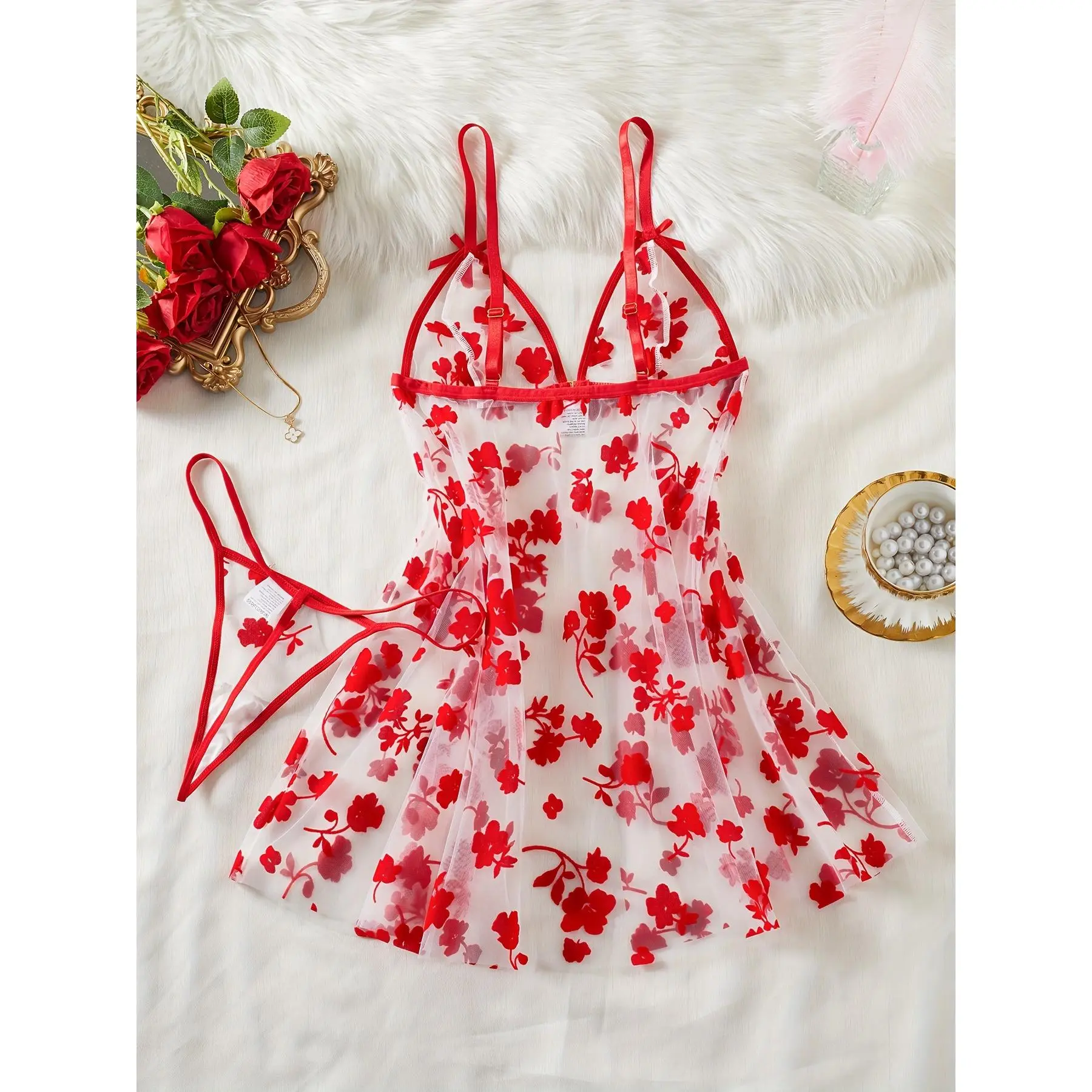 2026Women's Floral Mesh Front-Button Nightgown Set