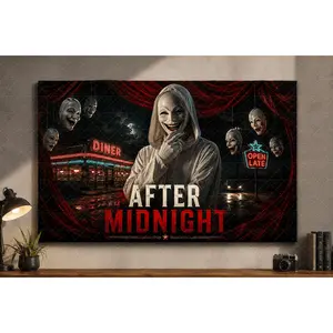 "After Midnight" Horror Diner Canvas Wall Art, Dark Gothic Neon Red Print, Spooky Cinematic Aesthetic, Living Room Bedroom Game Room Decor, Horror Lover Poster Gift,wall decor,poster.