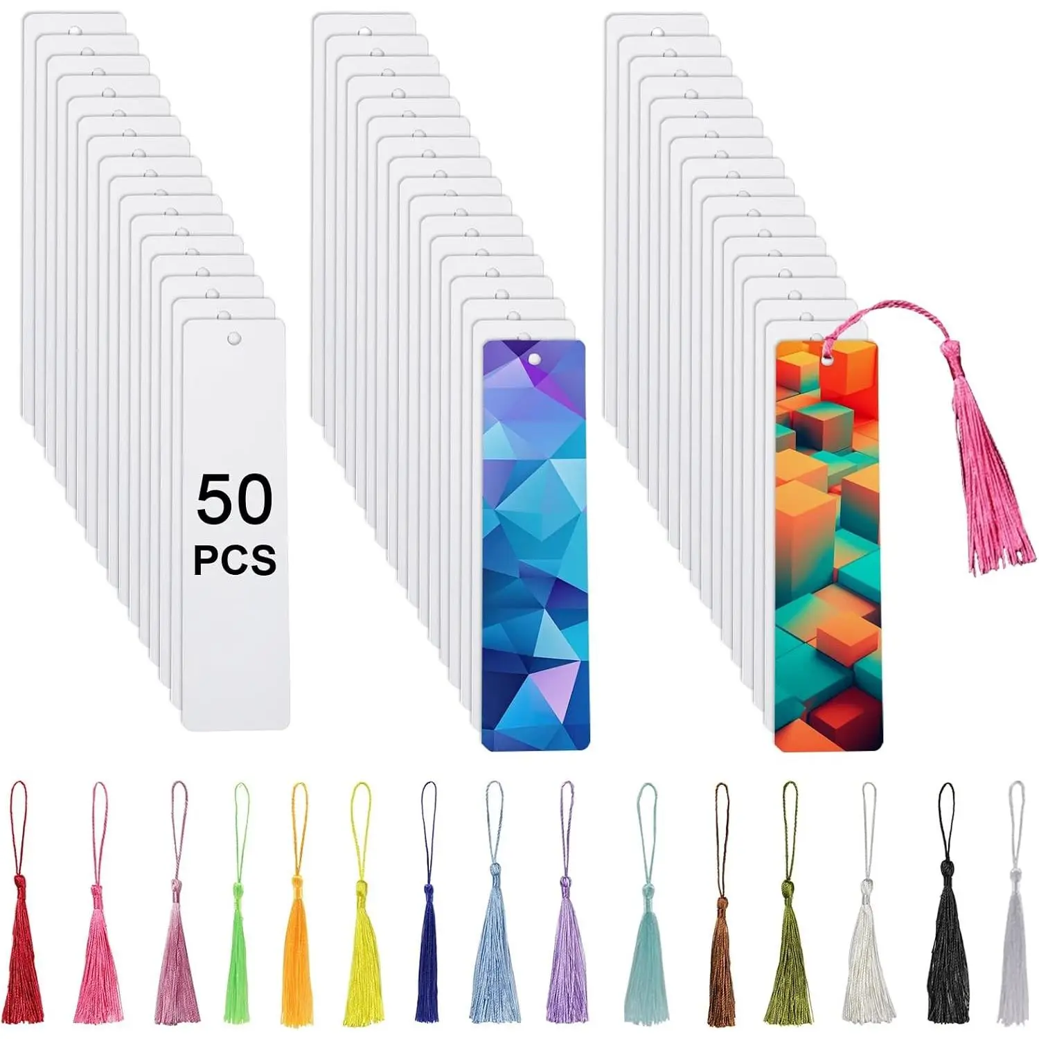 50 count Sublimation Bookmark Blank Heat Transfer  Metal Bookmarks Bulk DIY Bookmarks with Hole and Colorful Tassels for Crafts,Personalized Tassels Blank Bookmarks
